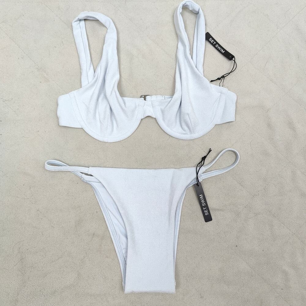 Set Active Swim Bikini Womens Small Medium NWT Underwire Ice Blue Terry